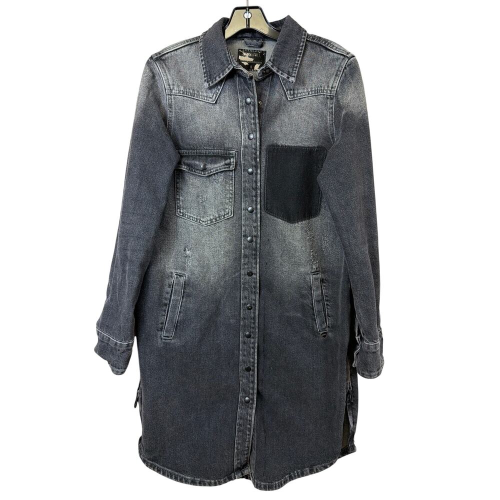 Zhrill Denim Distressed Black Zip Slit Snap Jacket Duster or Dress Size S
